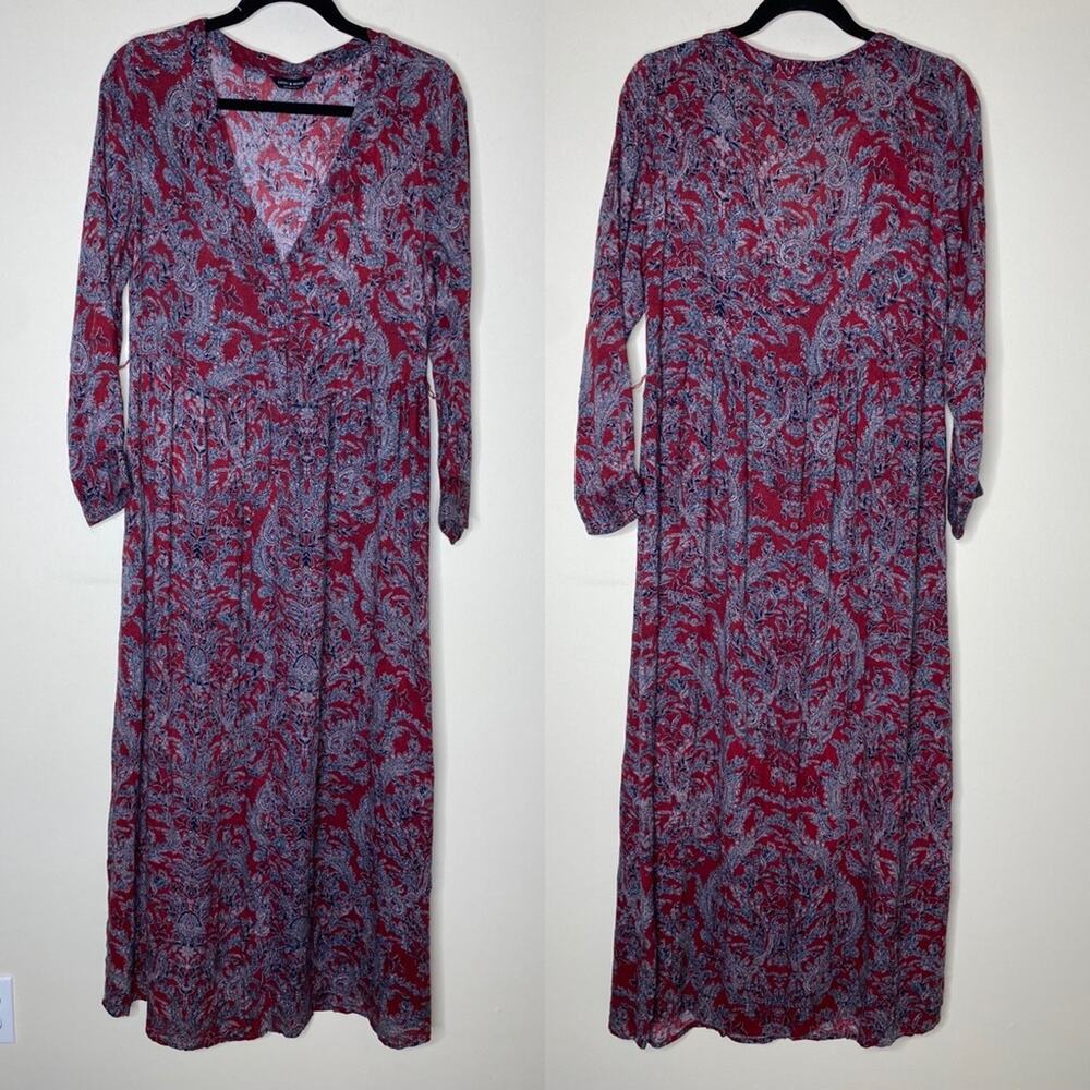 Lucky Brand Burgundy Black Floral Print Long Sleeve Maxi Midi Dress Womens